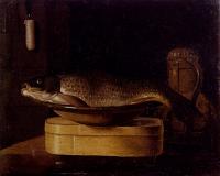 Sebastien Stoskopff - Still Life Of A carp In A Bowl Placed On A Wooden Box